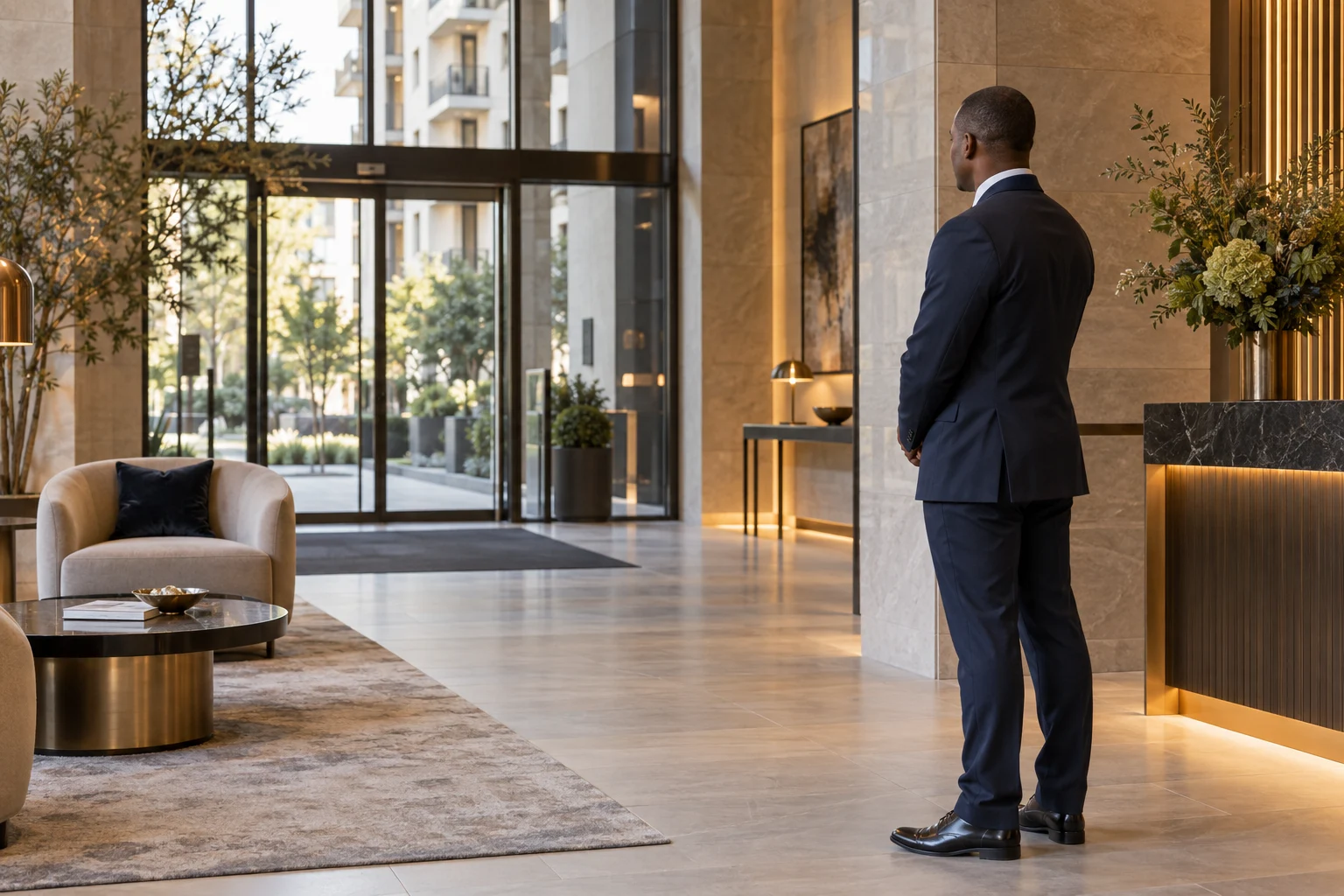 Illustrative scene of a smartly dressed concierge in a contemporary residential lobby
